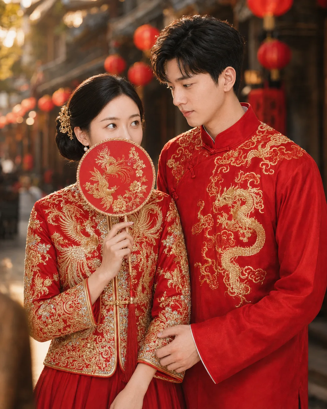 AI-generated portrait of a bride in red kua attire hiding her smile behind an embroidered round fan on a lantern-lined street beside her groom.