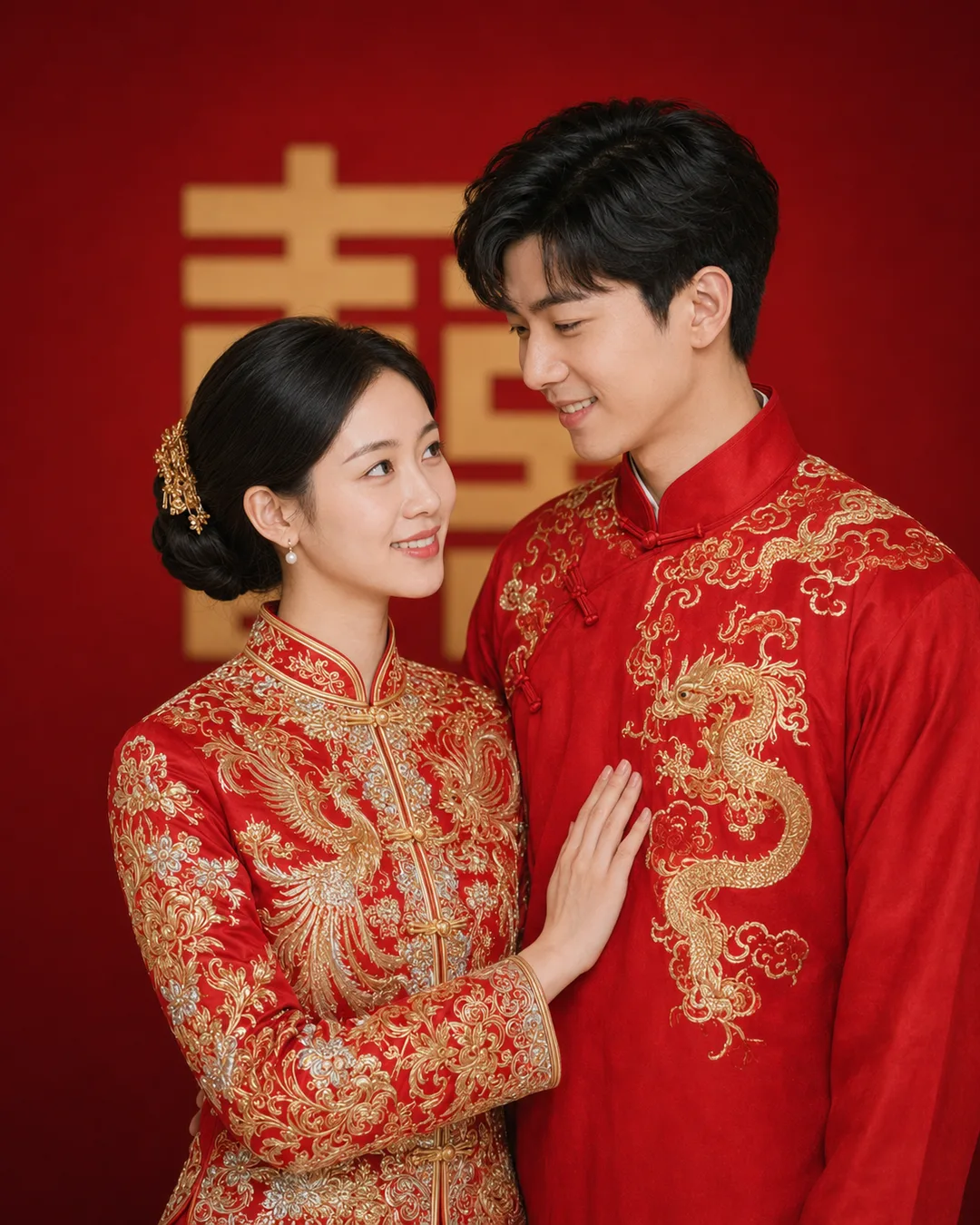 AI-generated portrait of a smiling couple in red kua attire gazing at each other in front of a red backdrop with a gold double happiness character.