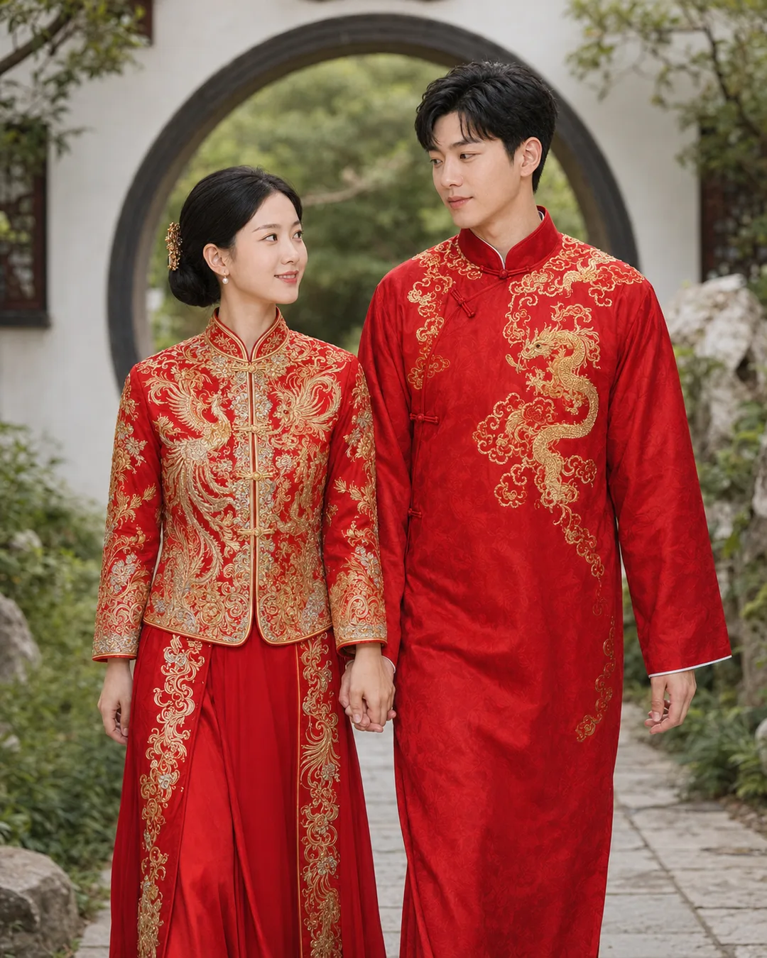 AI-generated portrait of a groom embracing his bride from behind, her phoenix-embroidered kua jacket facing a dark carved wooden panel.