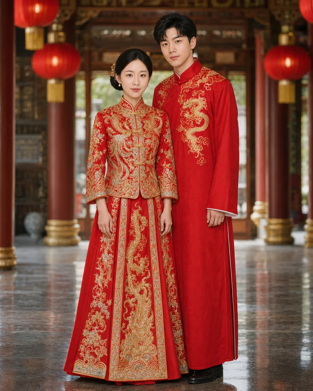 AI-generated full-length portrait of a couple in embroidered red kua wedding dress and robe inside a temple hall hung with red lanterns.