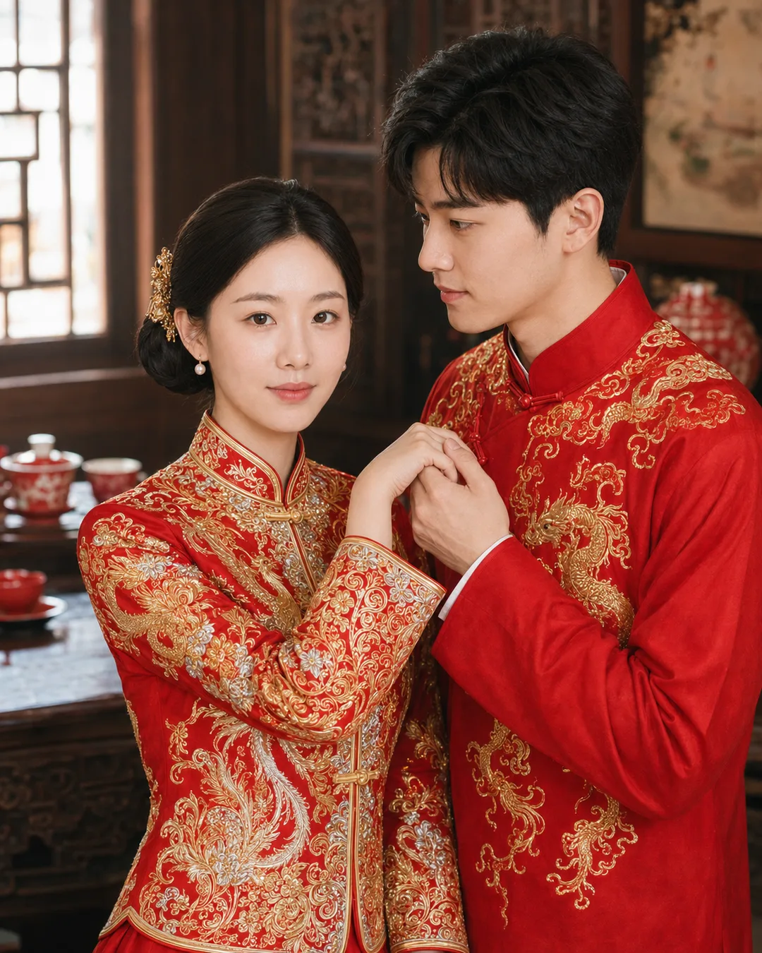 AI-generated portrait of a groom clasping his bride's hand in a traditional tea room, both wearing gold-embroidered red kua wedding outfits.
