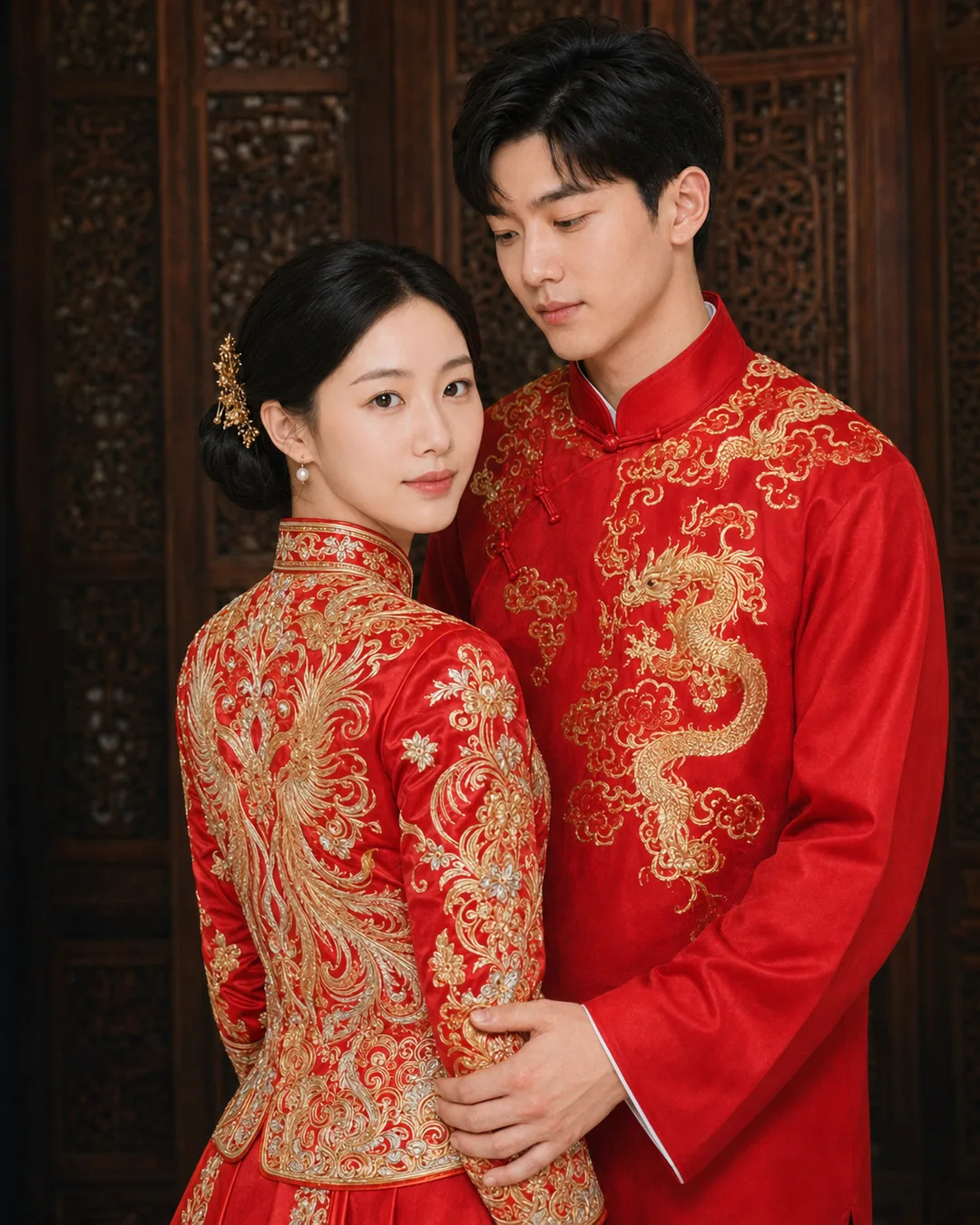 AI-generated portrait of a couple in red kua wedding attire holding hands as they walk through a moon gate in a Chinese garden.