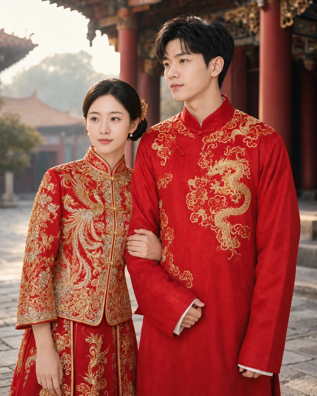 AI-generated portrait of a couple standing arm in arm in red kua attire in a temple courtyard bathed in soft morning light.