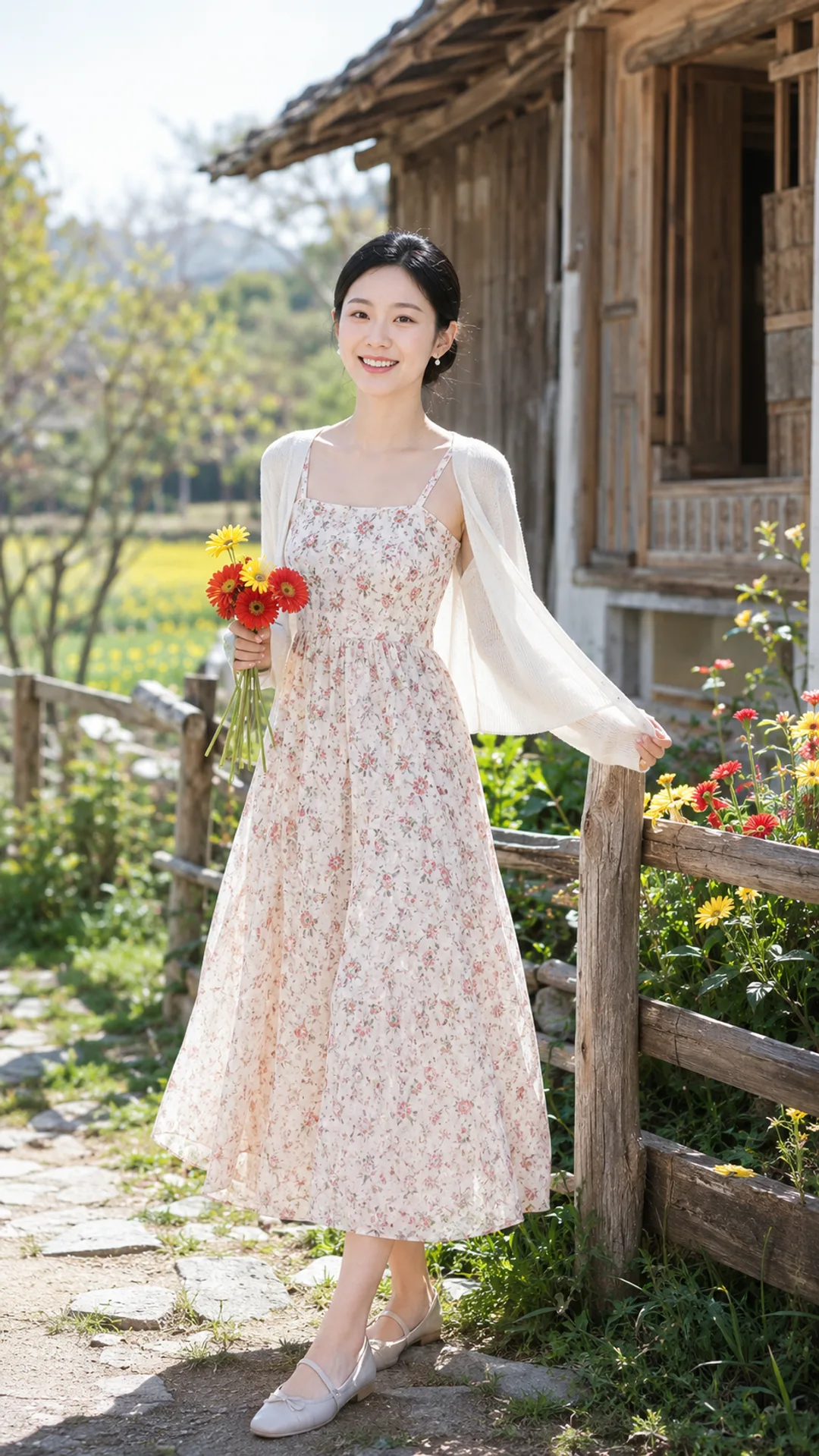 AI-generated portrait of a woman in a floral dress holding a bouquet of red and yellow gerberas beside a wooden farmhouse fence.