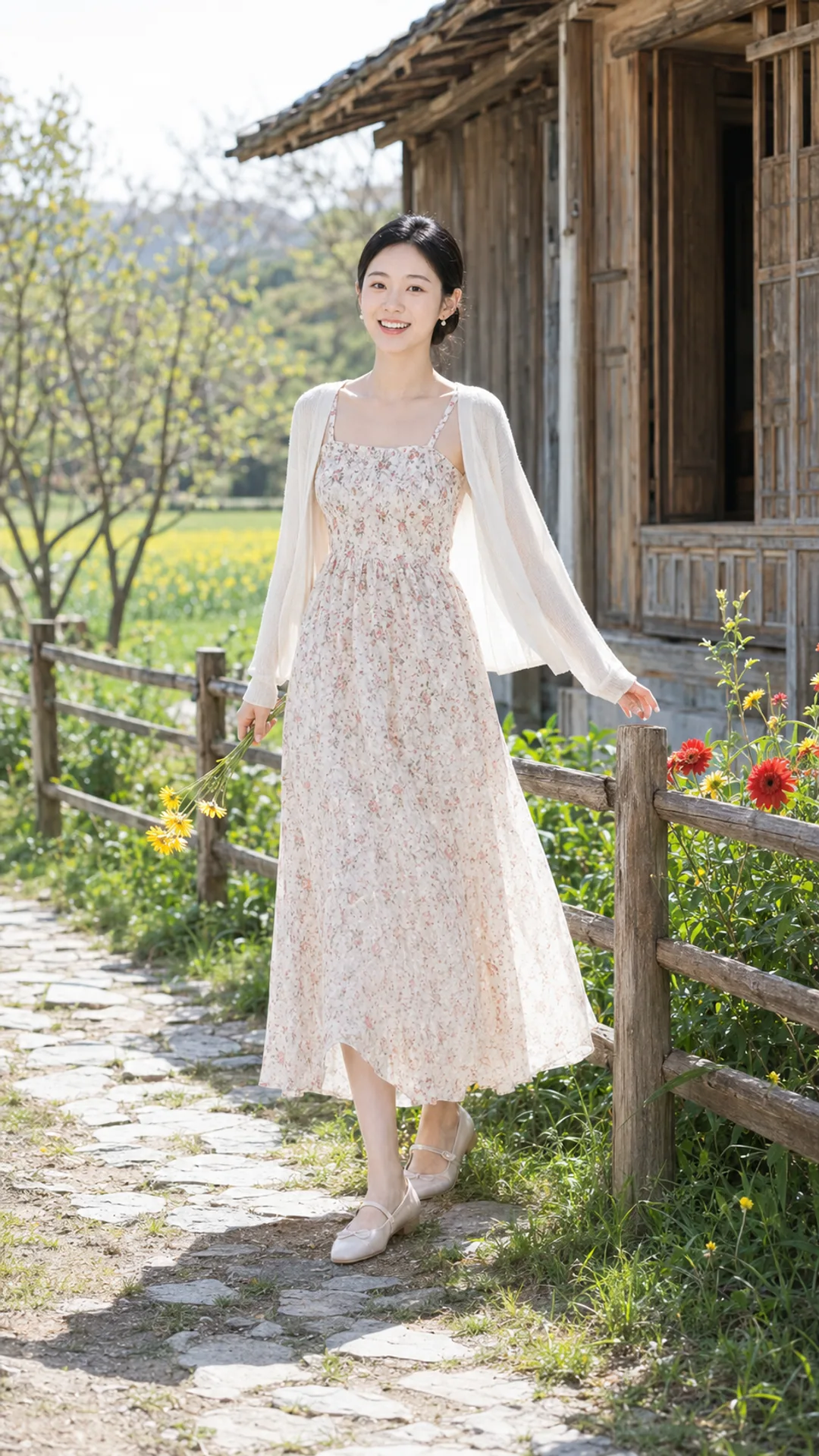 AI-generated portrait of a smiling woman carrying yellow daisies along a stone path next to a rustic countryside fence.
