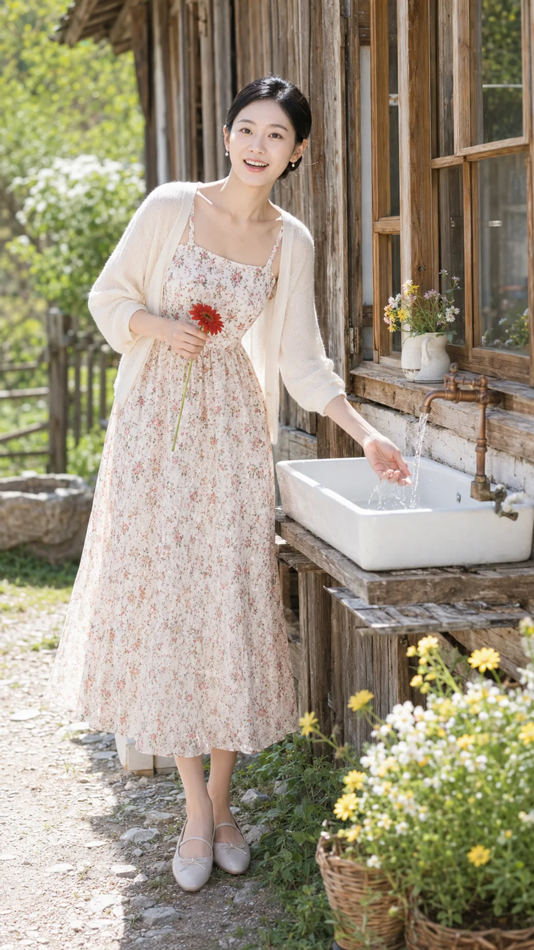 AI-generated portrait of a woman holding a red gerbera while rinsing her hand at an outdoor farmhouse sink with a brass tap.