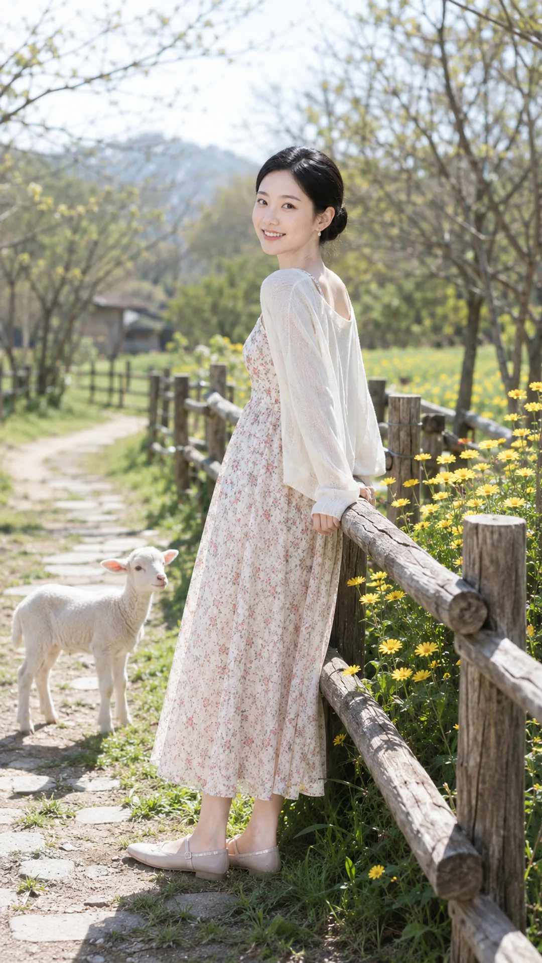 AI-generated portrait of a woman leaning on a rustic wooden fence beside yellow daisies while a lamb stands on the path behind her.