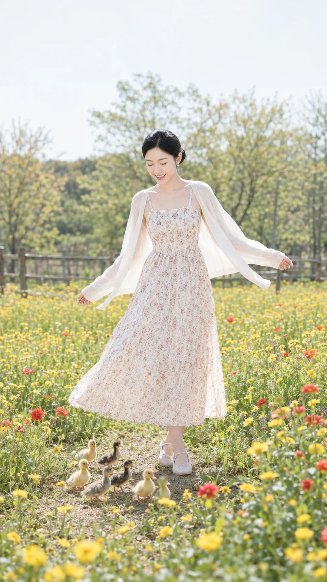AI-generated portrait of a woman twirling in a wildflower field while a group of ducklings gathers at her feet.