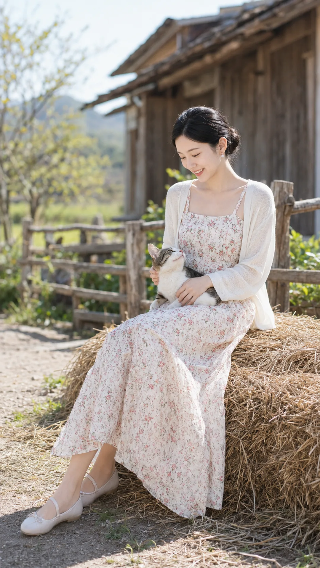 AI-generated portrait of a woman in a floral dress sitting on a hay bale and petting a cat outside a wooden barn.