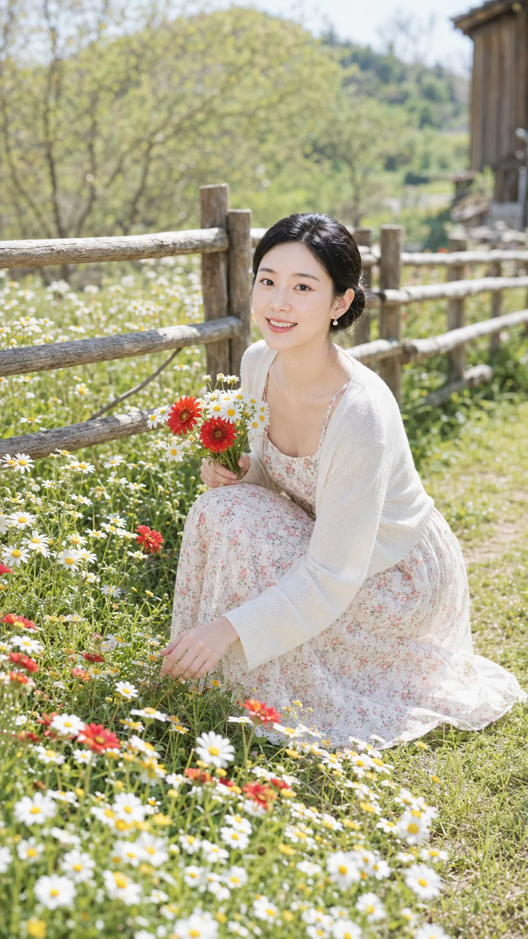AI-generated portrait of a woman crouching in a daisy meadow with a fresh-picked bouquet of red and white flowers.