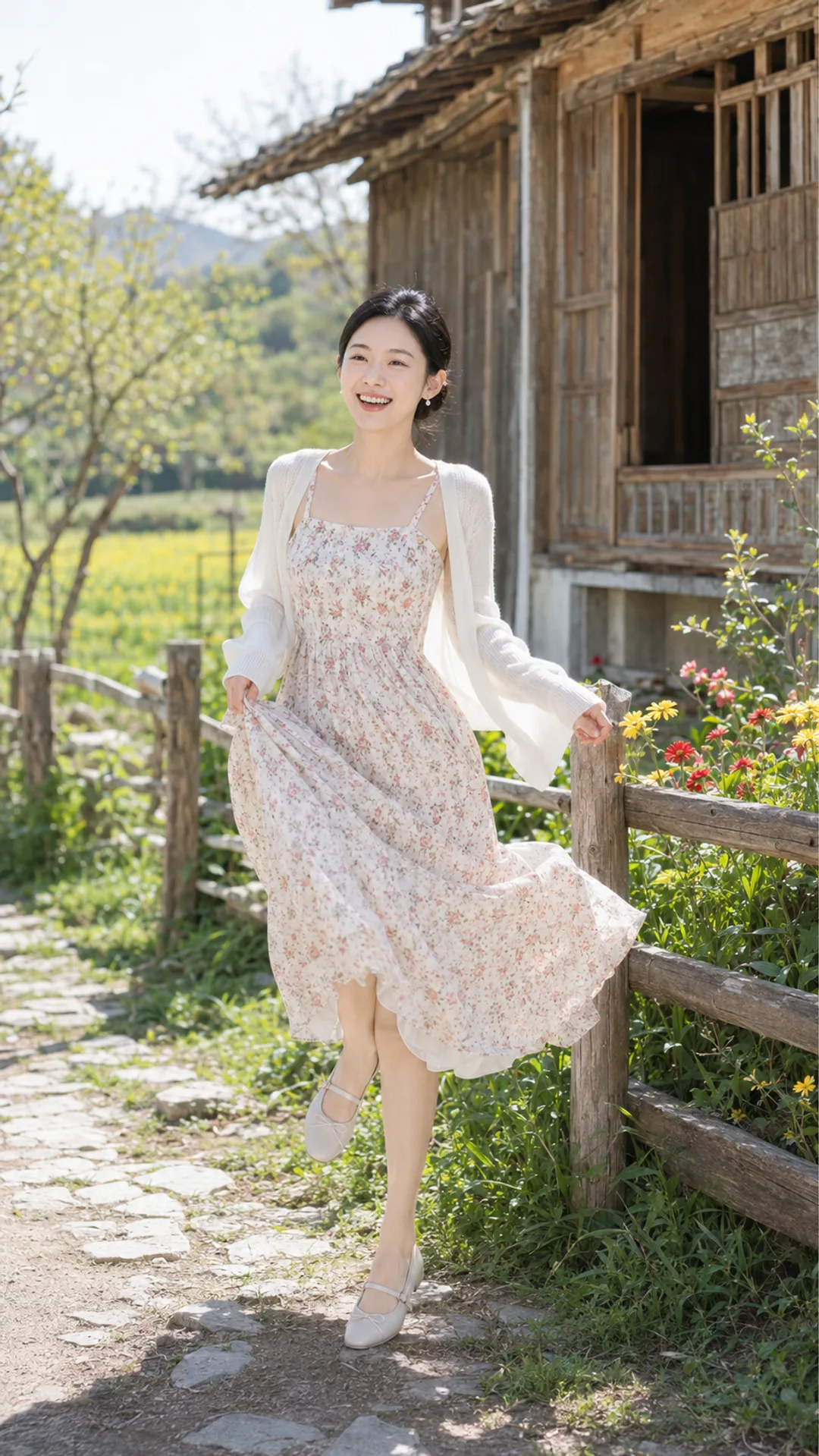 AI-generated portrait of a laughing woman lifting her floral dress as she skips down a country lane past a wooden farmhouse.