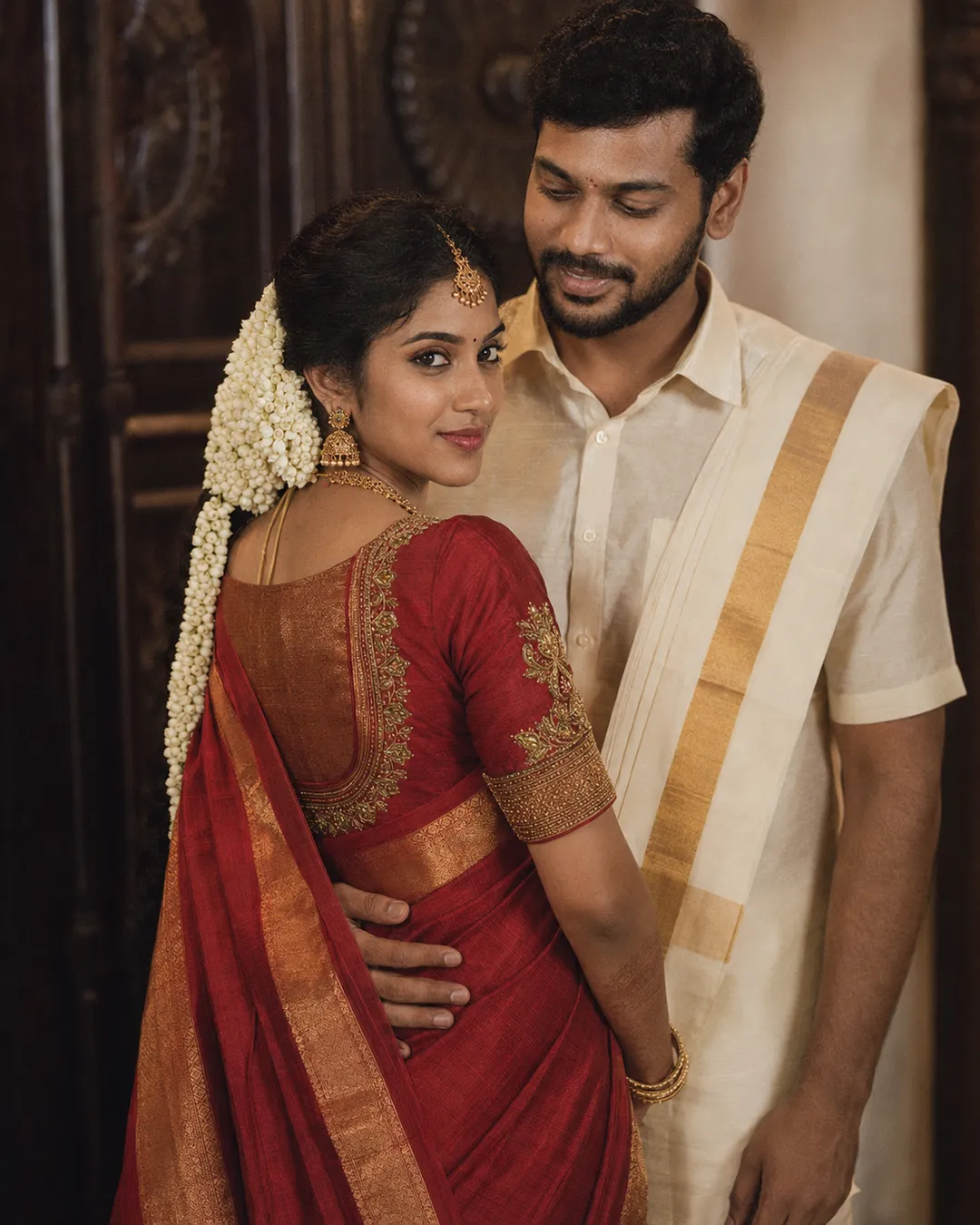 AI-generated portrait of an Indian bride seen from behind, her long jasmine-strung braid over a red embroidered saree blouse, as her groom stands close by a carved wooden door.