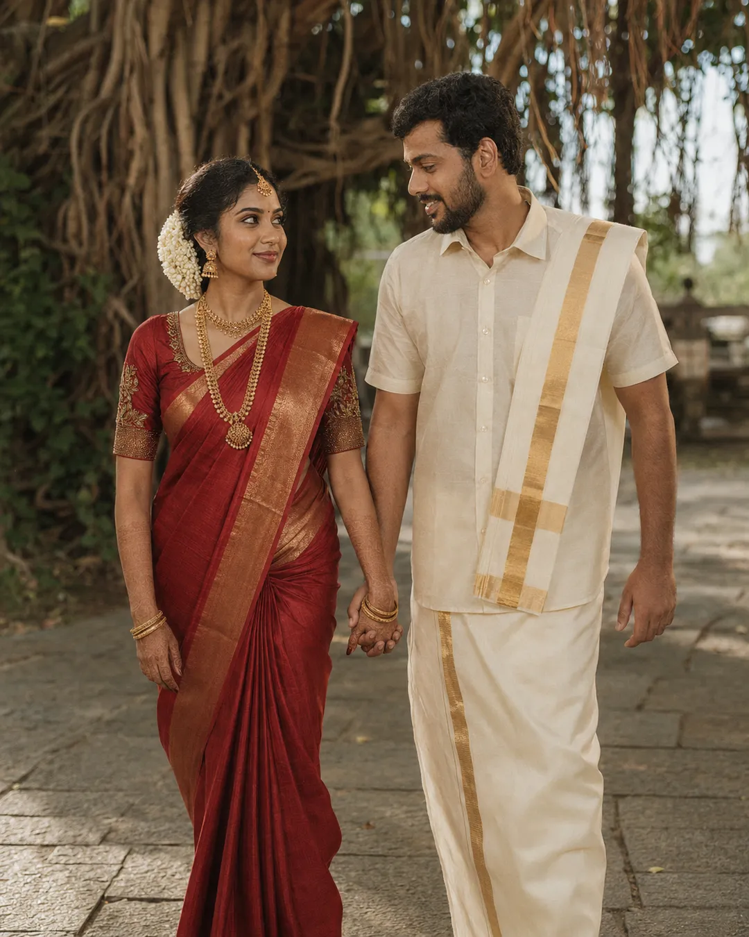 AI-generated portrait of an Indian couple holding hands as they walk along a stone path beneath a banyan tree.