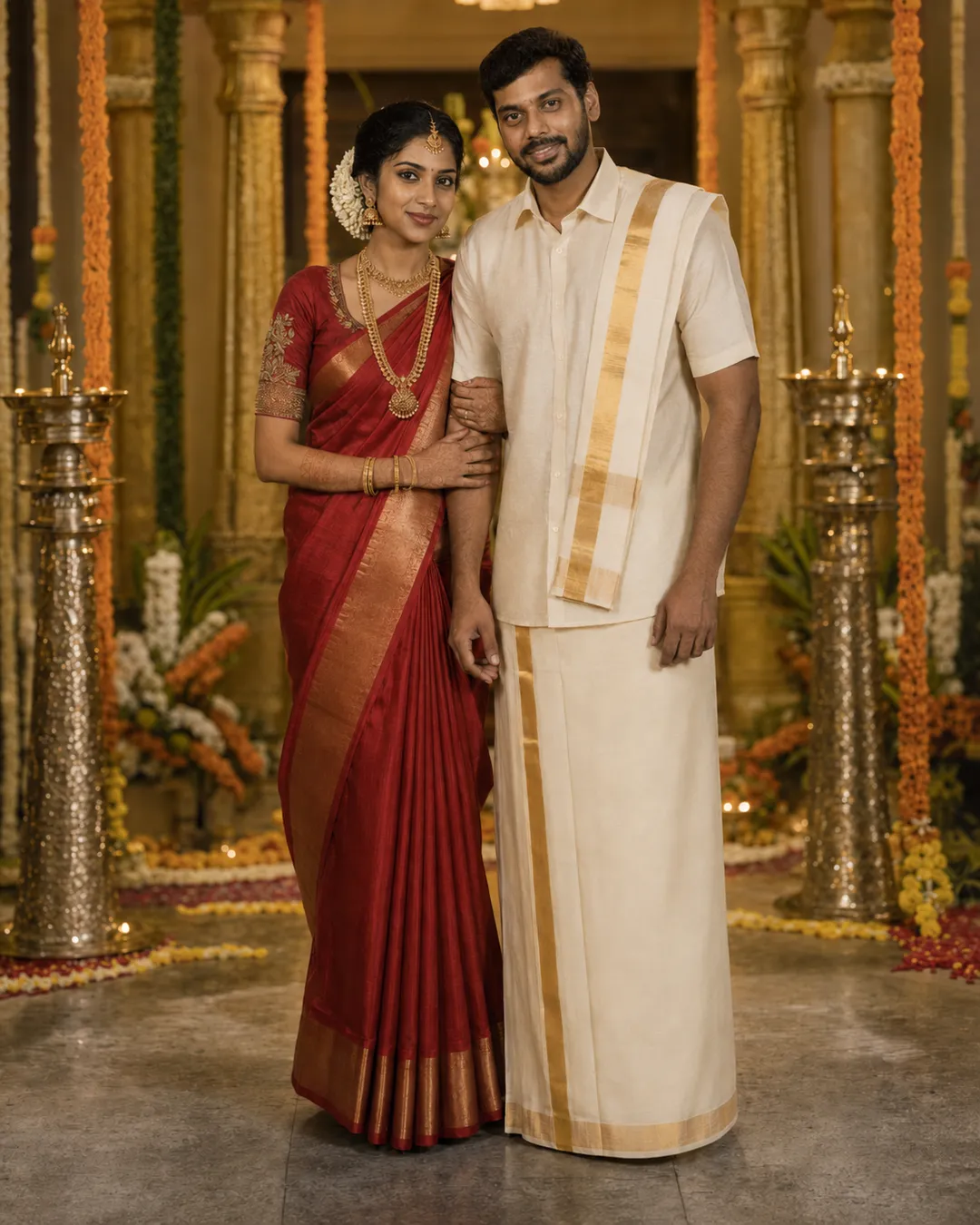 AI-generated full-length portrait of an Indian couple in a red saree and cream dhoti in a grand wedding hall framed by tall brass lamps and marigold-draped pillars.