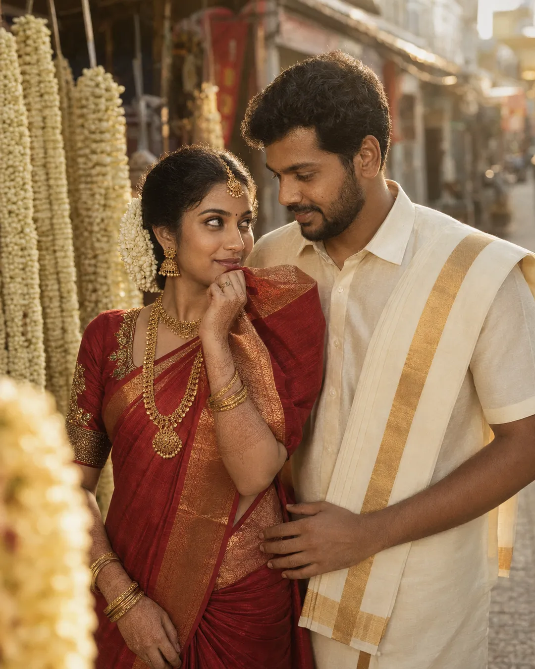 AI-generated portrait of an Indian bride in a red saree resting her chin on her hand beside her groom on a golden-hour flower market street.