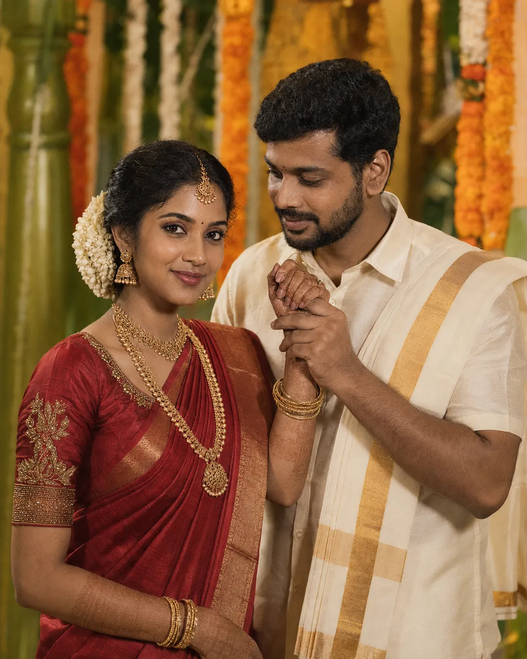 AI-generated portrait of an Indian groom raising his bride's henna-decorated hand before a backdrop of marigold garlands.