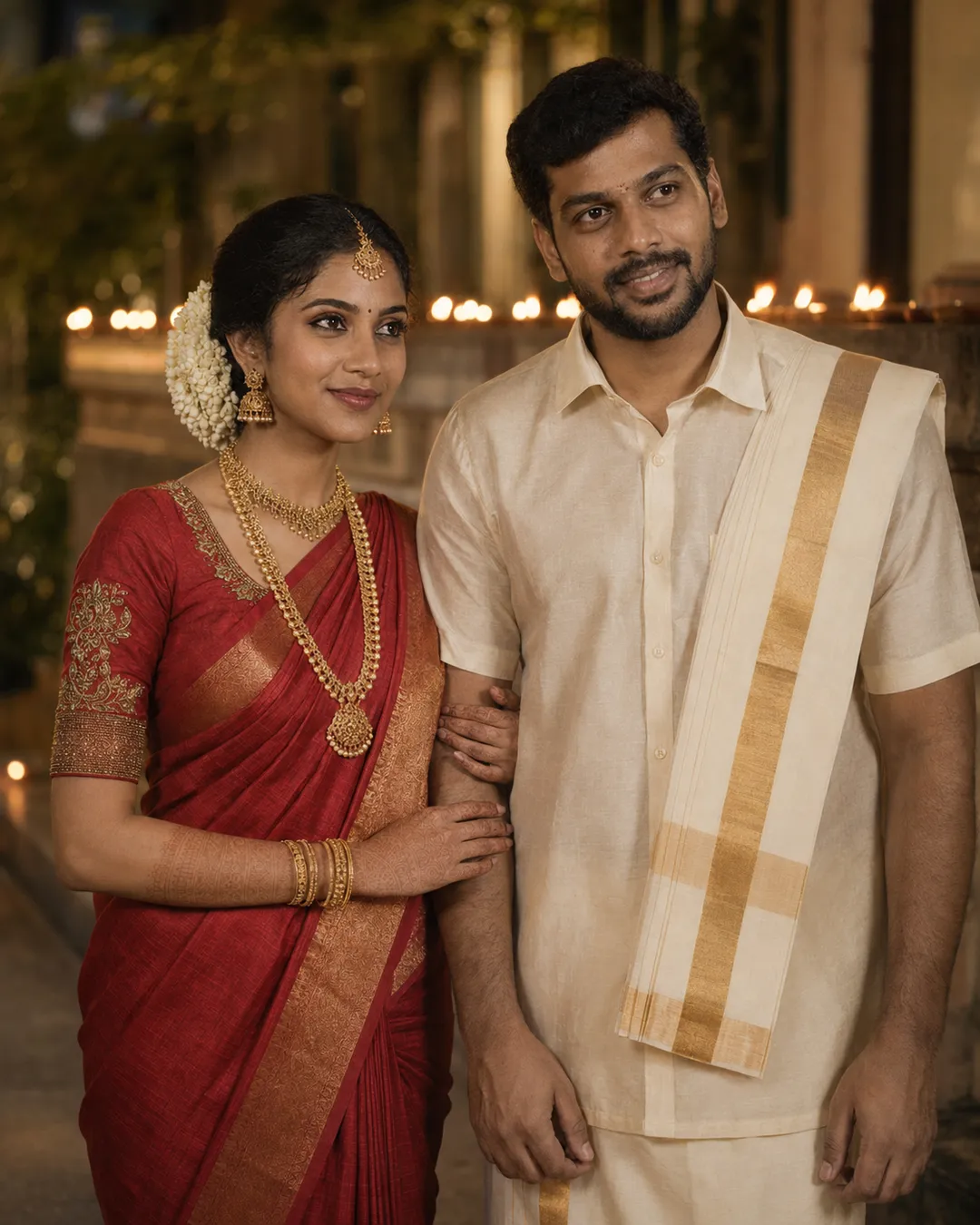 AI-generated portrait of an Indian couple in a red saree and cream dhoti standing before a row of lit oil lamps at dusk.
