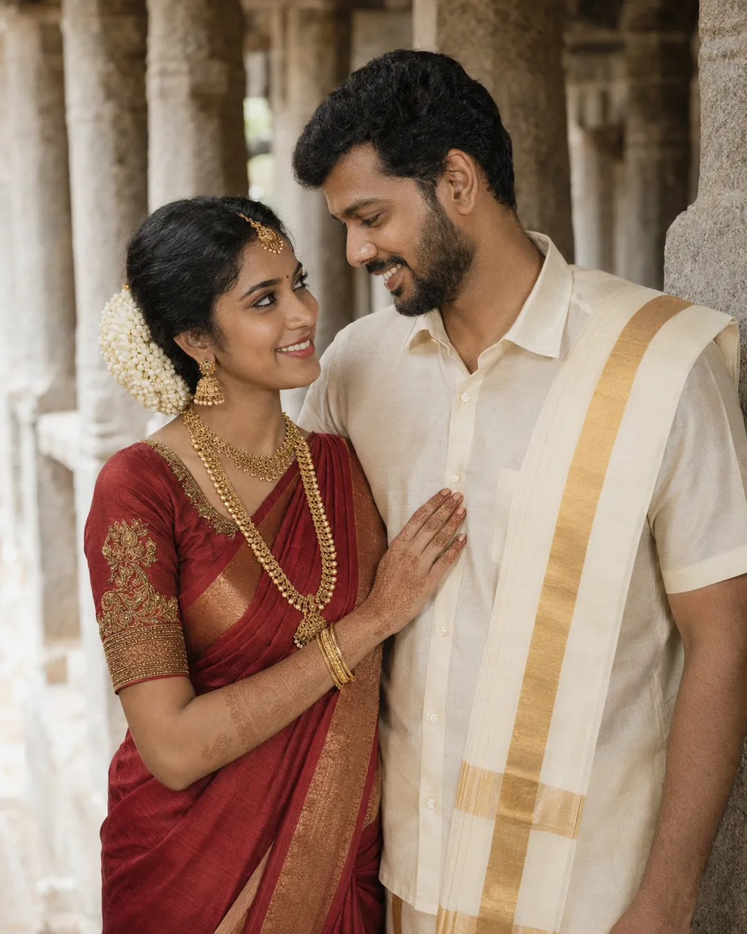 AI-generated portrait of an Indian bride in a red saree gazing up at her groom among carved stone temple pillars.