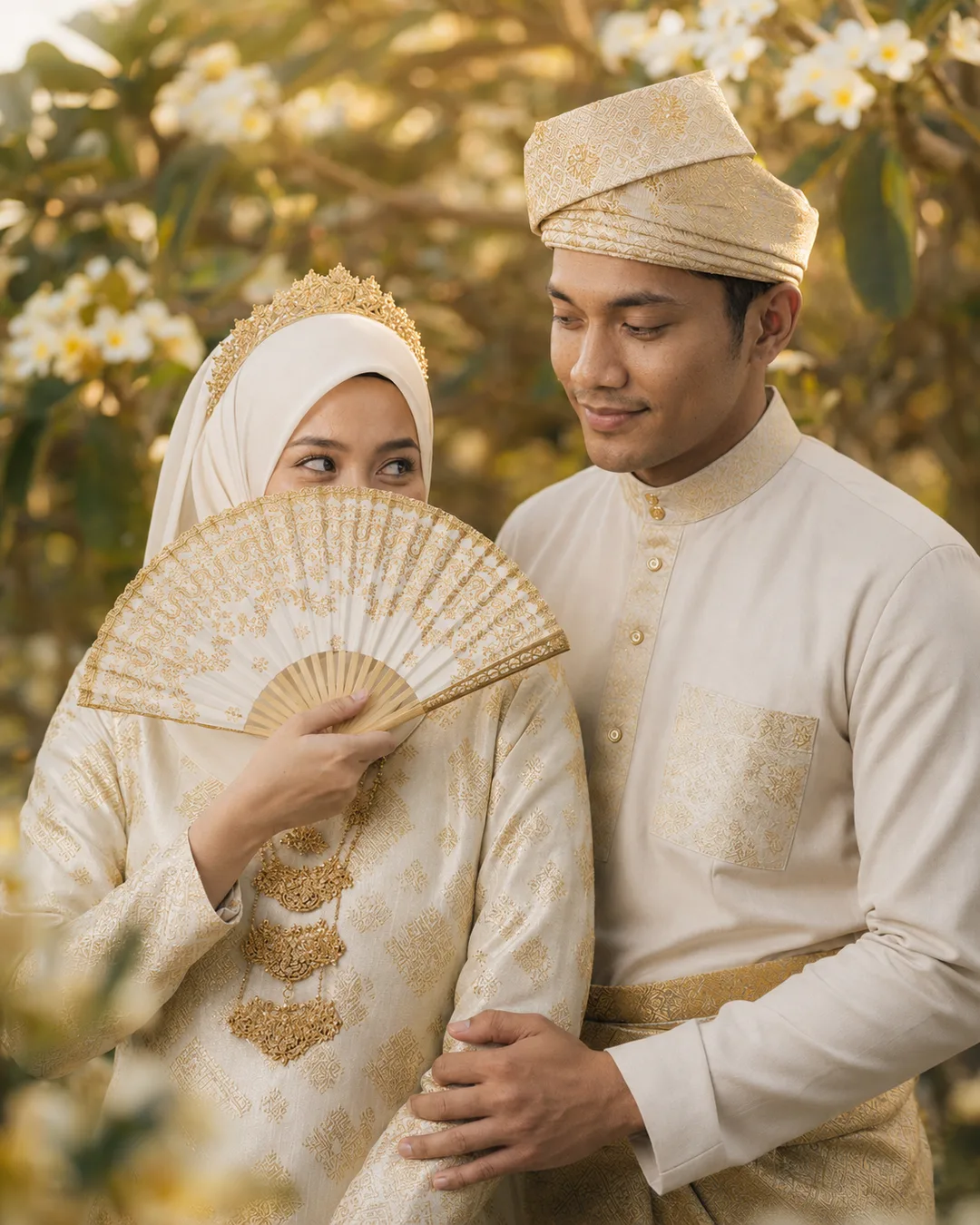 AI-generated portrait of a Malay bride peeking over a gold lace fan at her groom among blooming frangipani trees, both in songket.