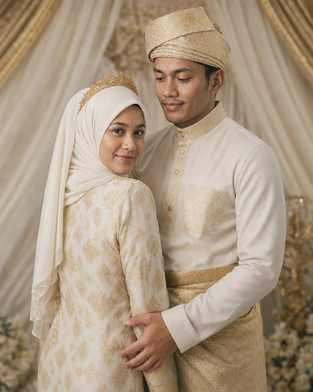 AI-generated portrait of a Malay groom embracing his bride from behind against soft cream wedding drapes, both in gold songket.