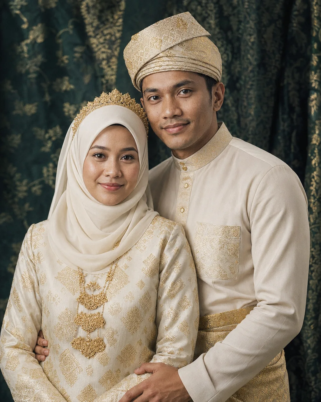 AI-generated portrait of a Malay couple in cream and gold songket wedding attire posed against an emerald damask studio backdrop.