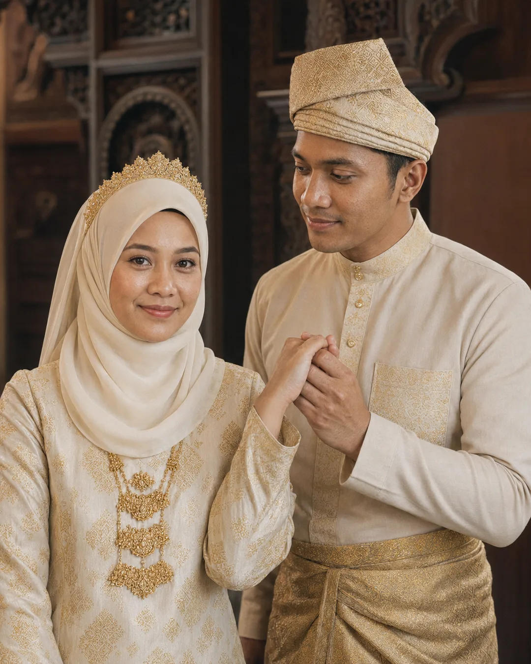 AI-generated portrait of a Malay groom gently holding his bride's hand inside a hall of dark carved timber, both in gold songket.