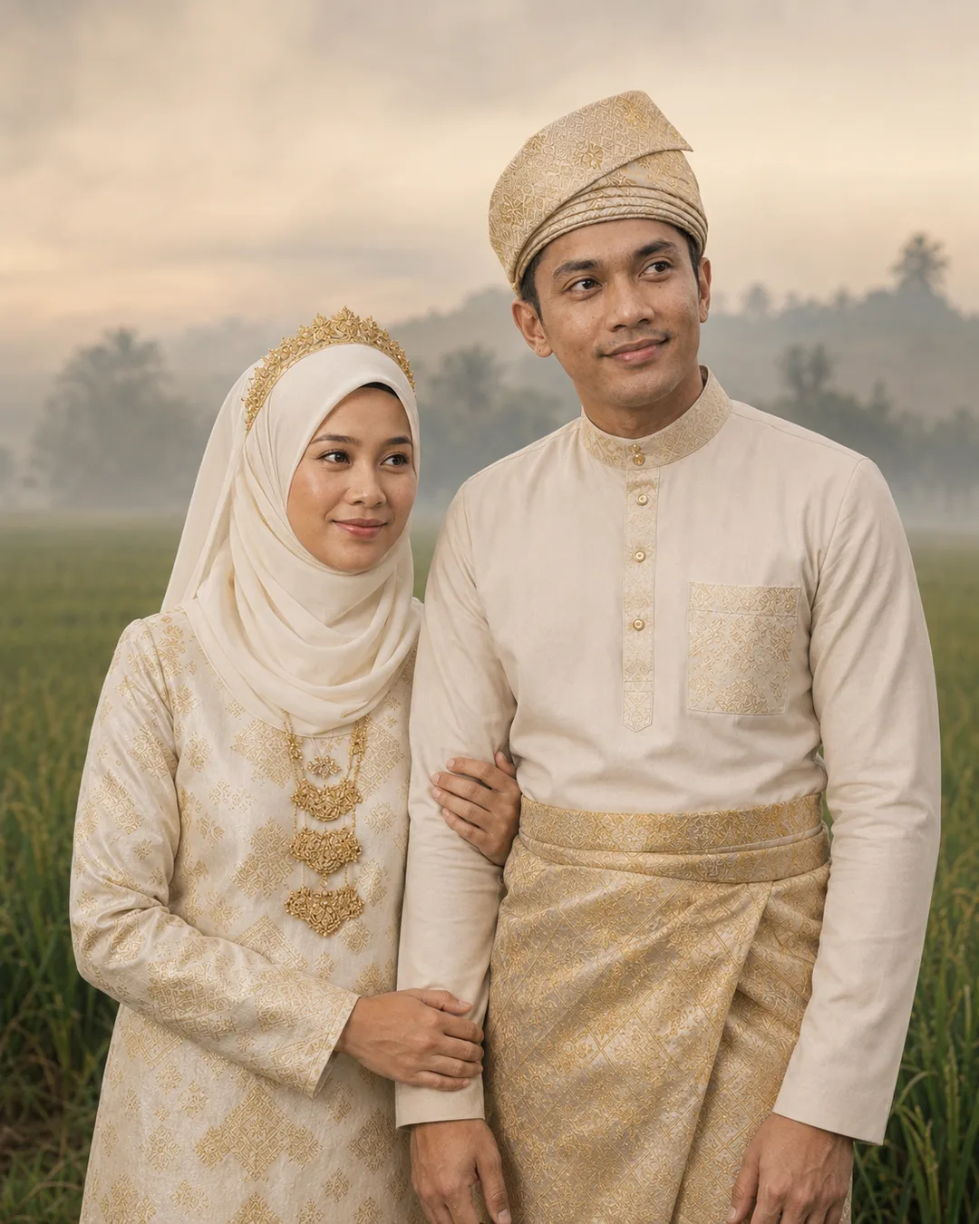 AI-generated portrait of a Malay couple in gold songket standing arm in arm before a misty paddy field at dawn.