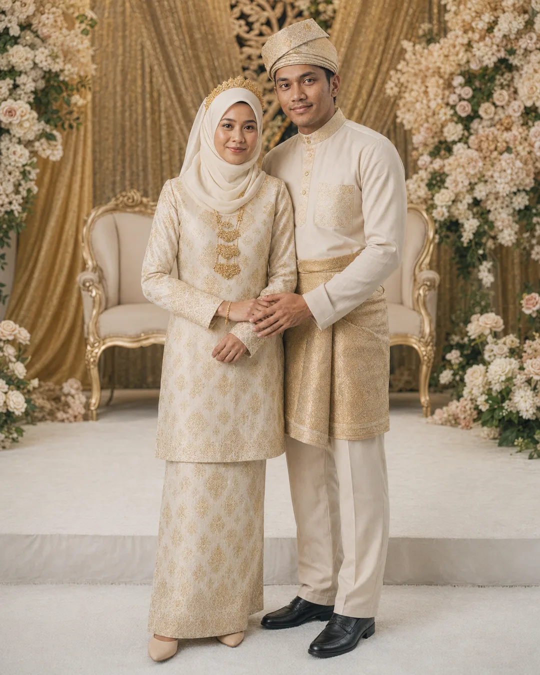 AI-generated full-length portrait of a Malay couple in matching songket posing on a gold pelamin wedding dais framed by flowers.
