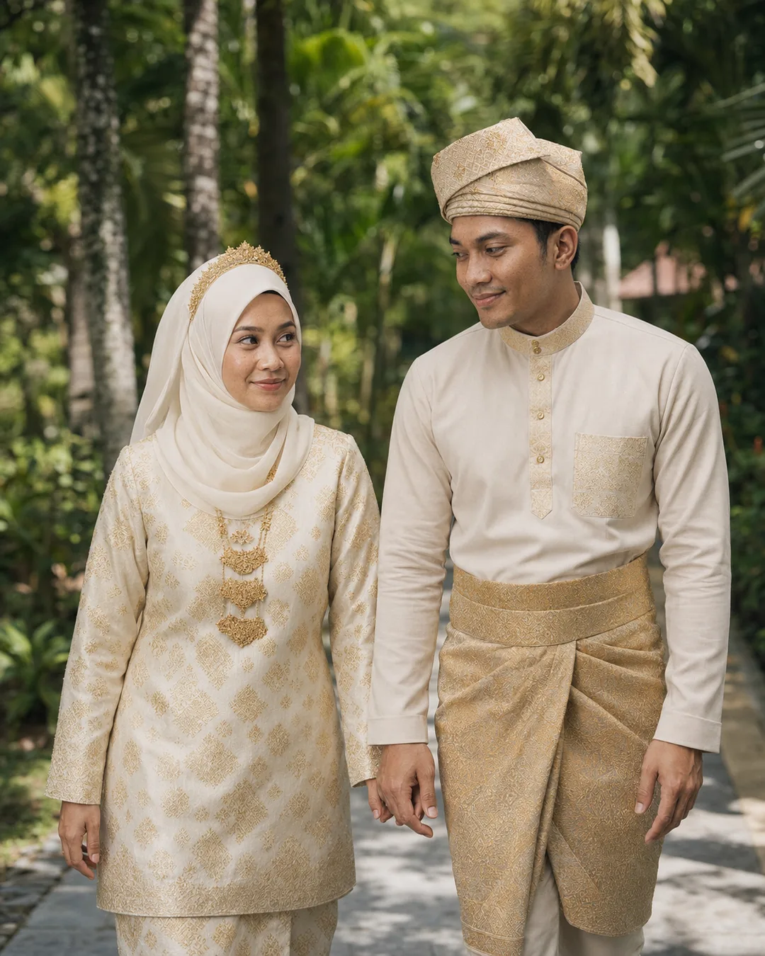 AI-generated portrait of a Malay couple in cream songket wedding attire walking together along a palm-lined garden path.