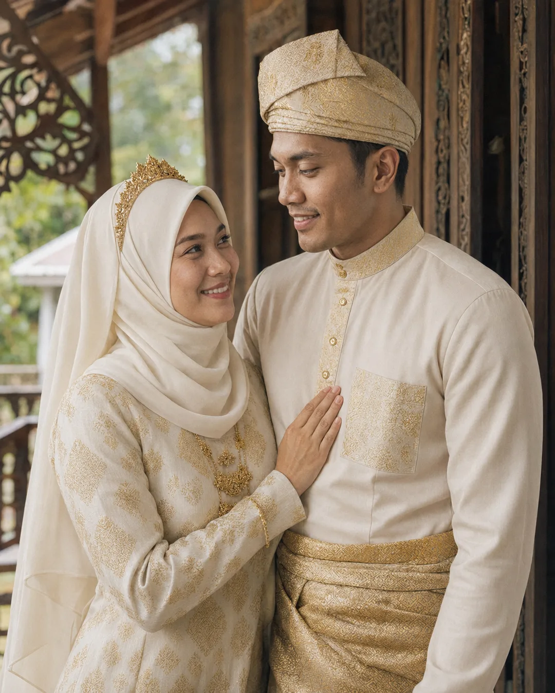 AI-generated portrait of a Malay bride in gold songket smiling up at her groom on the veranda of a traditional wooden house.