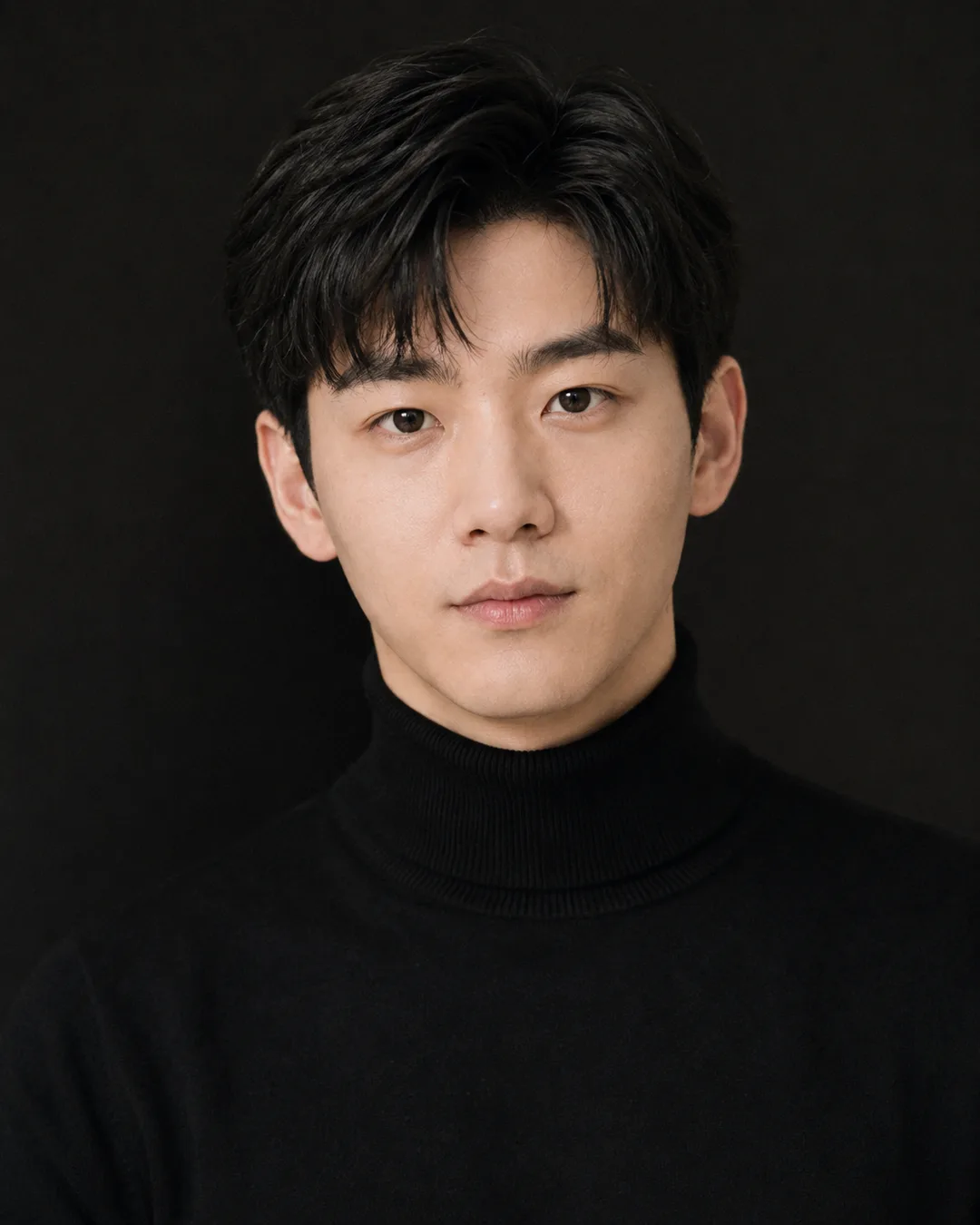 AI-generated close-up headshot of a man in a black turtleneck against a dark studio background.