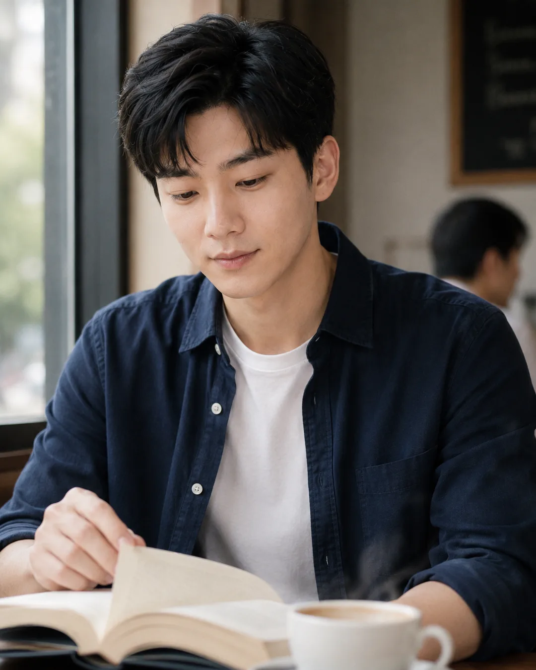 AI-generated portrait of a man in a navy shirt reading a book beside a cafe window with coffee on the table.