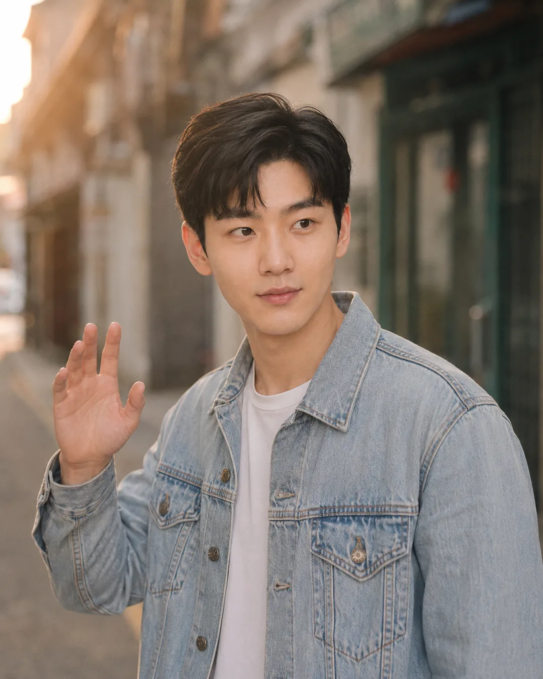 AI-generated golden hour street portrait of a man in a light denim jacket raising a hand in greeting.