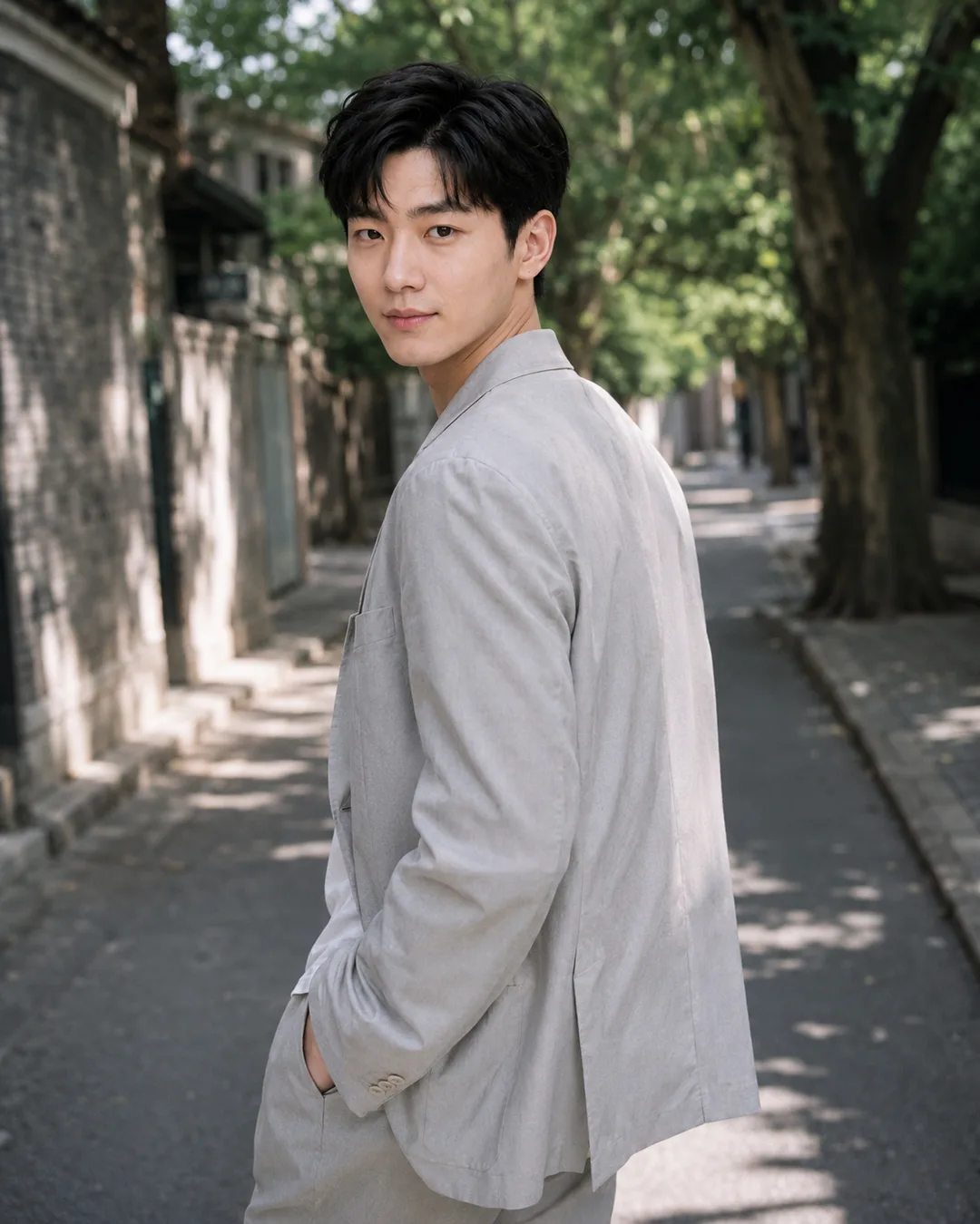 AI-generated portrait of a man in a light linen blazer glancing over his shoulder on a tree-lined street.