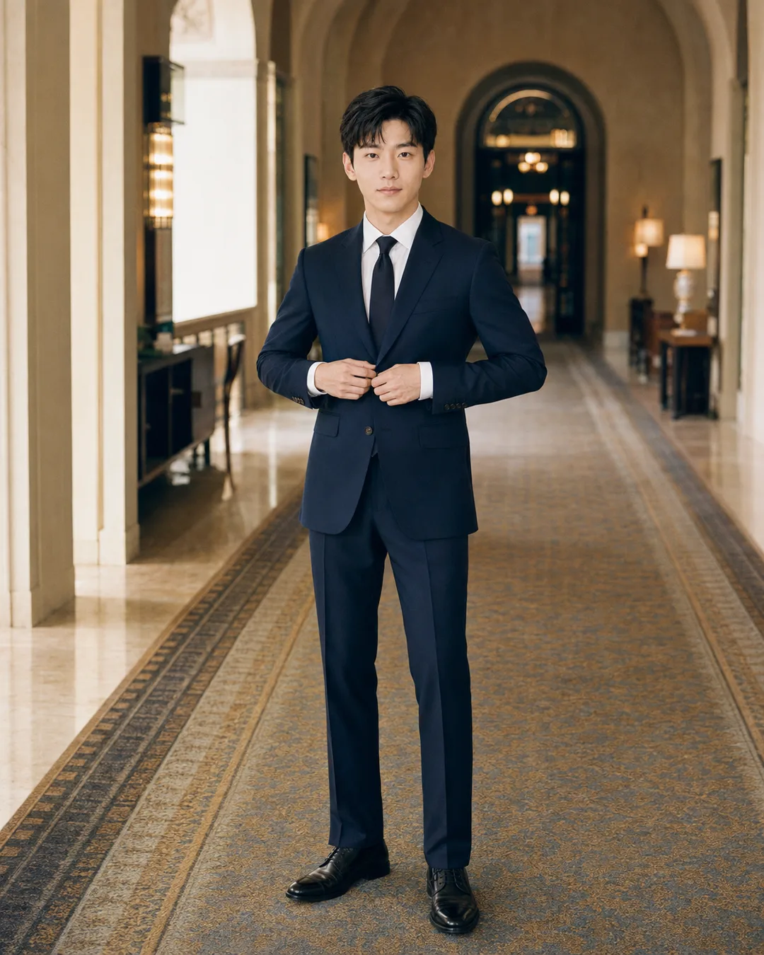 AI-generated full-length portrait of a man buttoning a navy suit in an elegant hotel corridor.