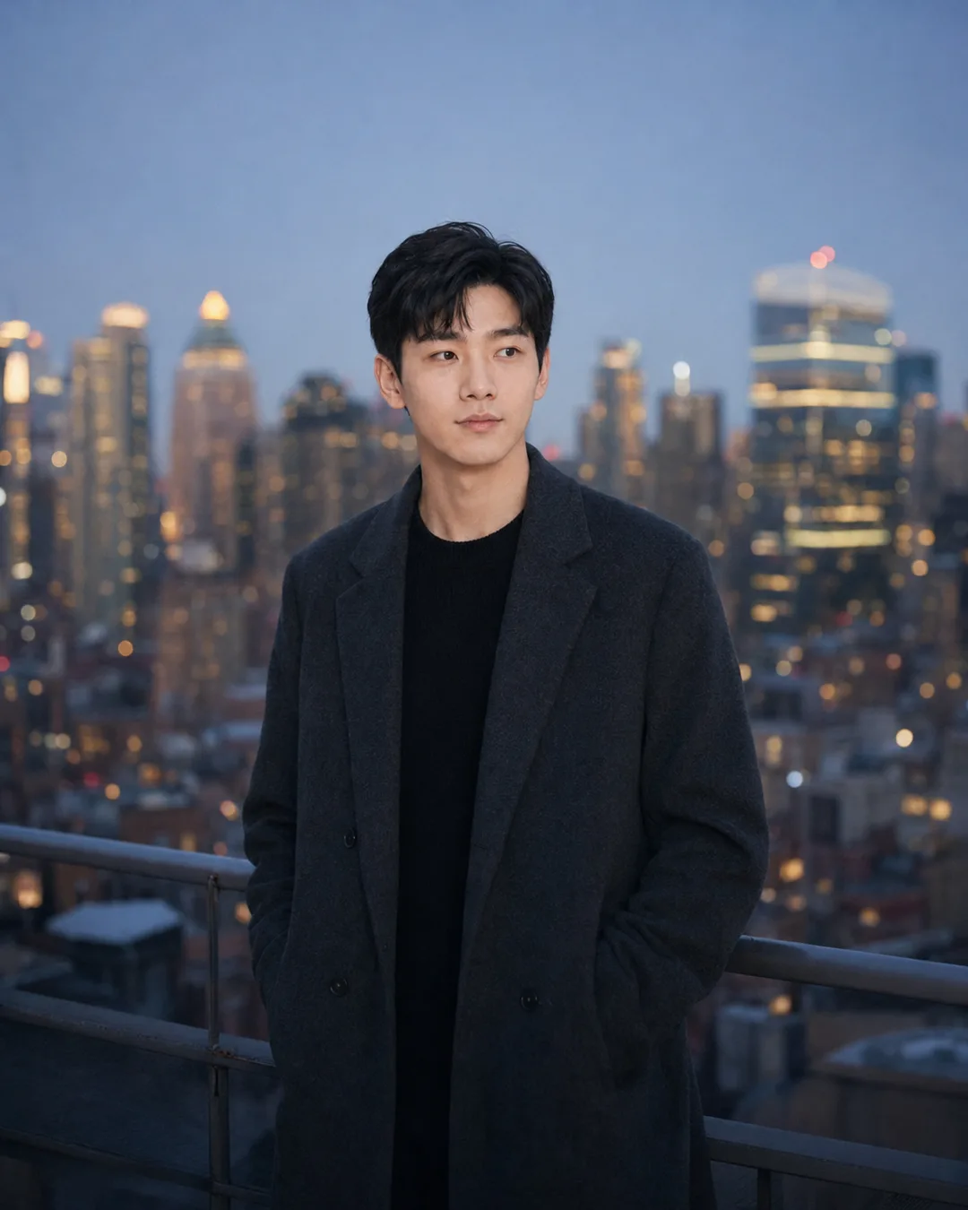 AI-generated portrait of a man in a dark wool overcoat on a rooftop with a glowing city skyline at dusk behind him.