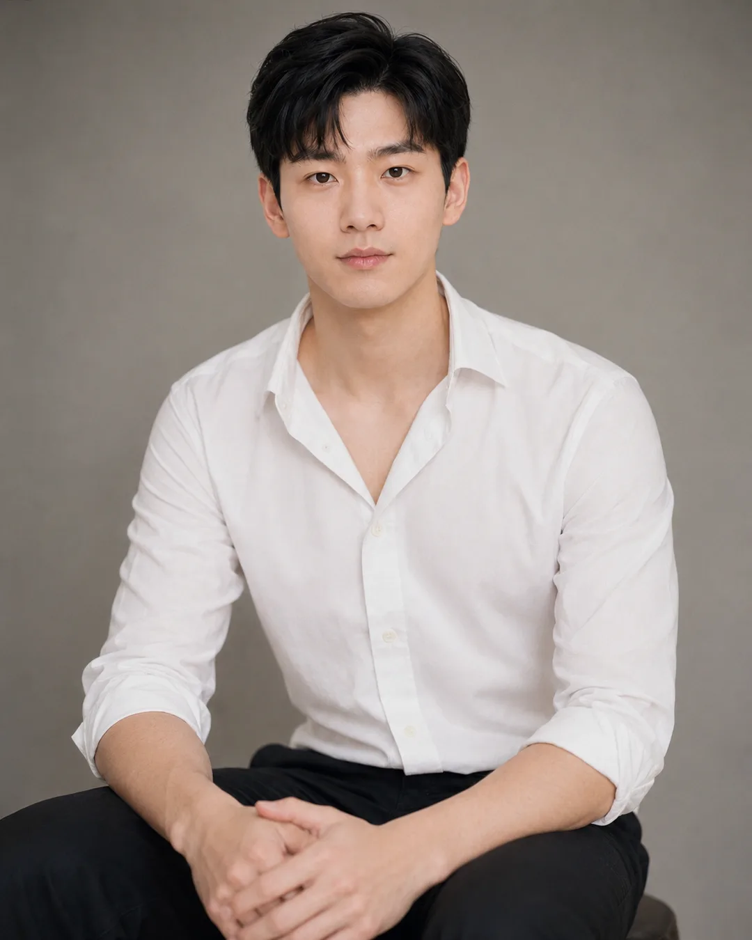 AI-generated studio portrait of a young man in a white shirt seated against a taupe backdrop with hands clasped.