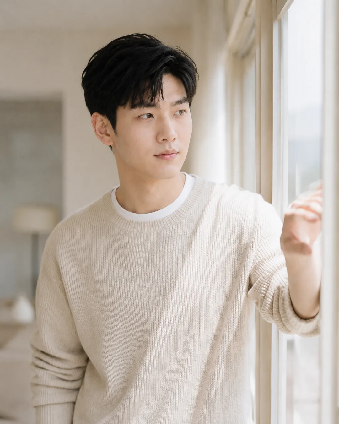AI-generated portrait of a man in a cream knit sweater gazing out a sunlit window in a bright minimal interior.