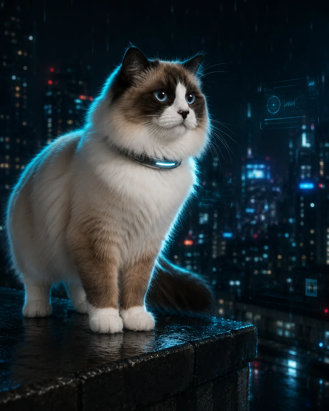 AI-generated portrait of a ragdoll cat with a glowing collar standing on a rain-soaked rooftop above a neon cyberpunk cityscape.