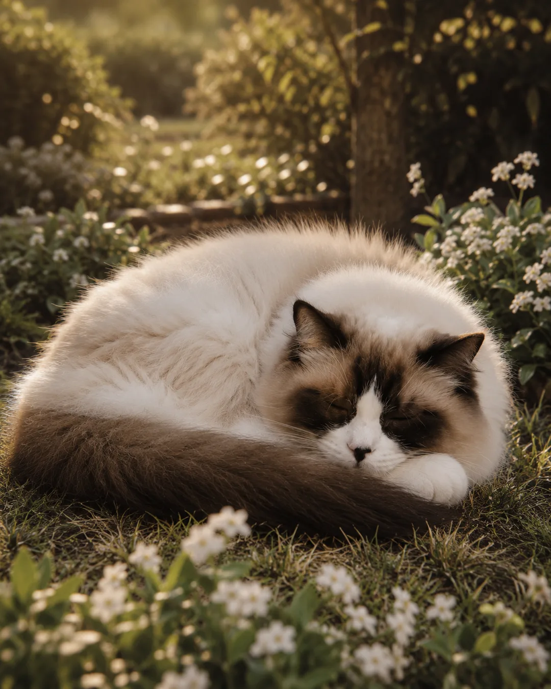 AI-generated portrait of a ragdoll cat curled up asleep among white garden flowers in warm golden-hour light.