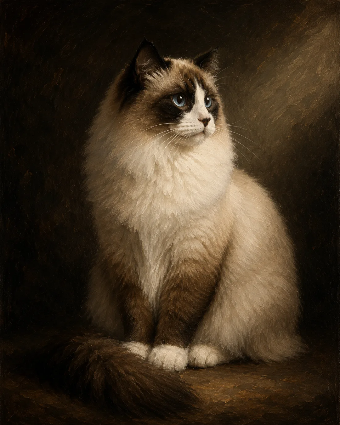 AI-generated classical oil painting style portrait of a fluffy ragdoll cat gazing sideways against a dark earthy background.