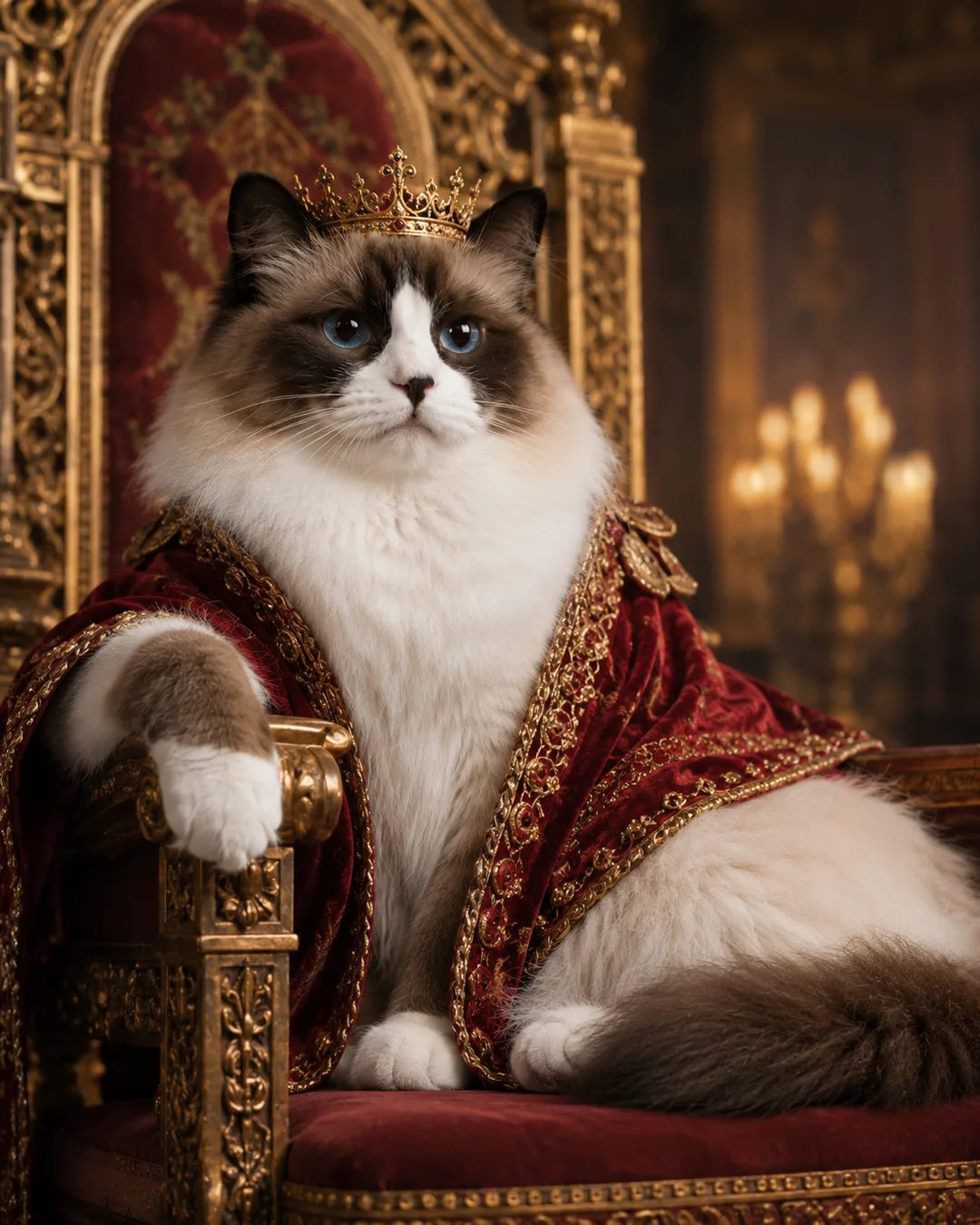 AI Photography: Royal Pets: a ragdoll cat on a velvet throne