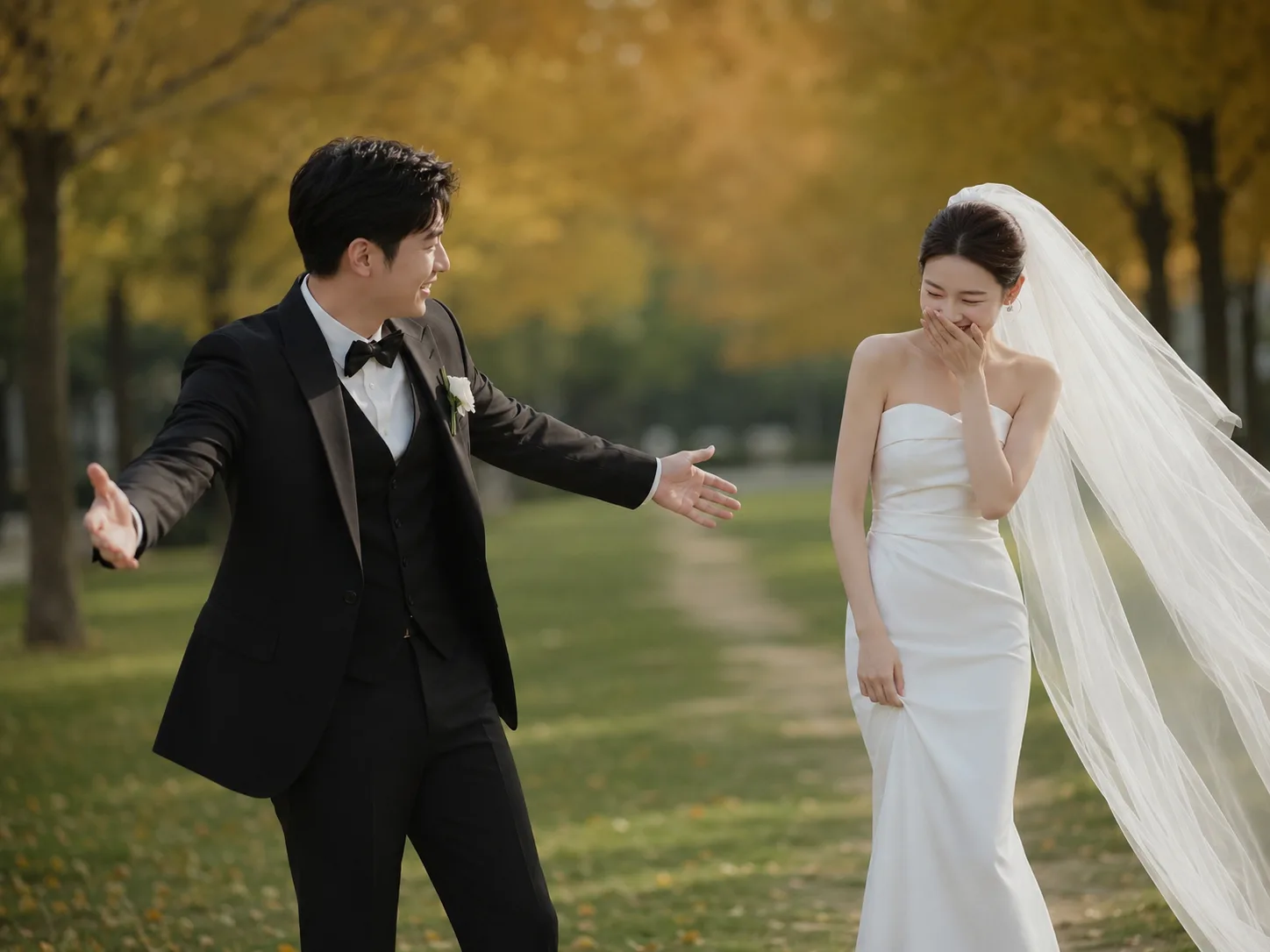 AI-generated portrait of a wedding couple laughing together in an autumn park.