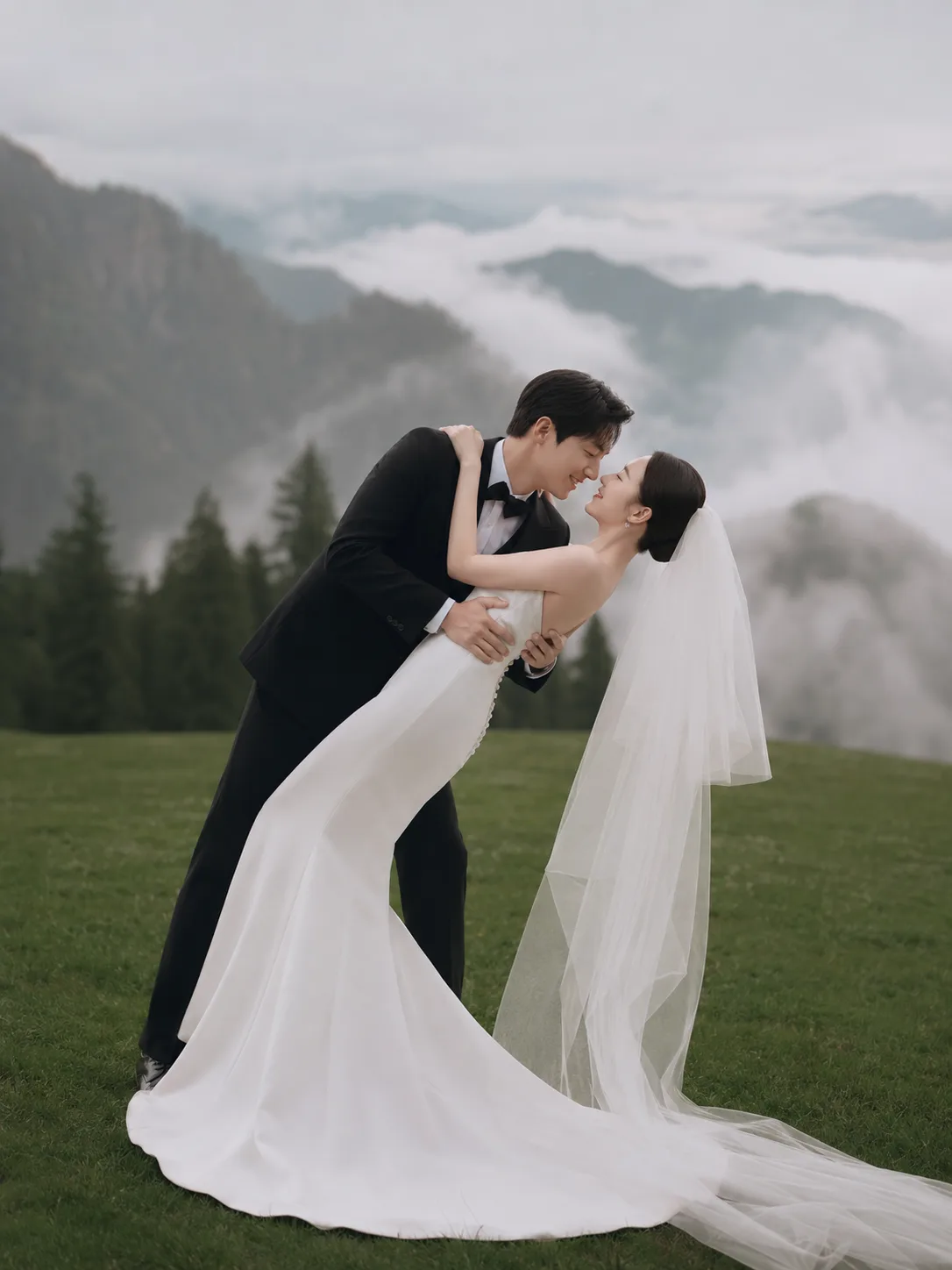 AI-generated portrait of a wedding couple sharing a dip kiss against a mountain backdrop.