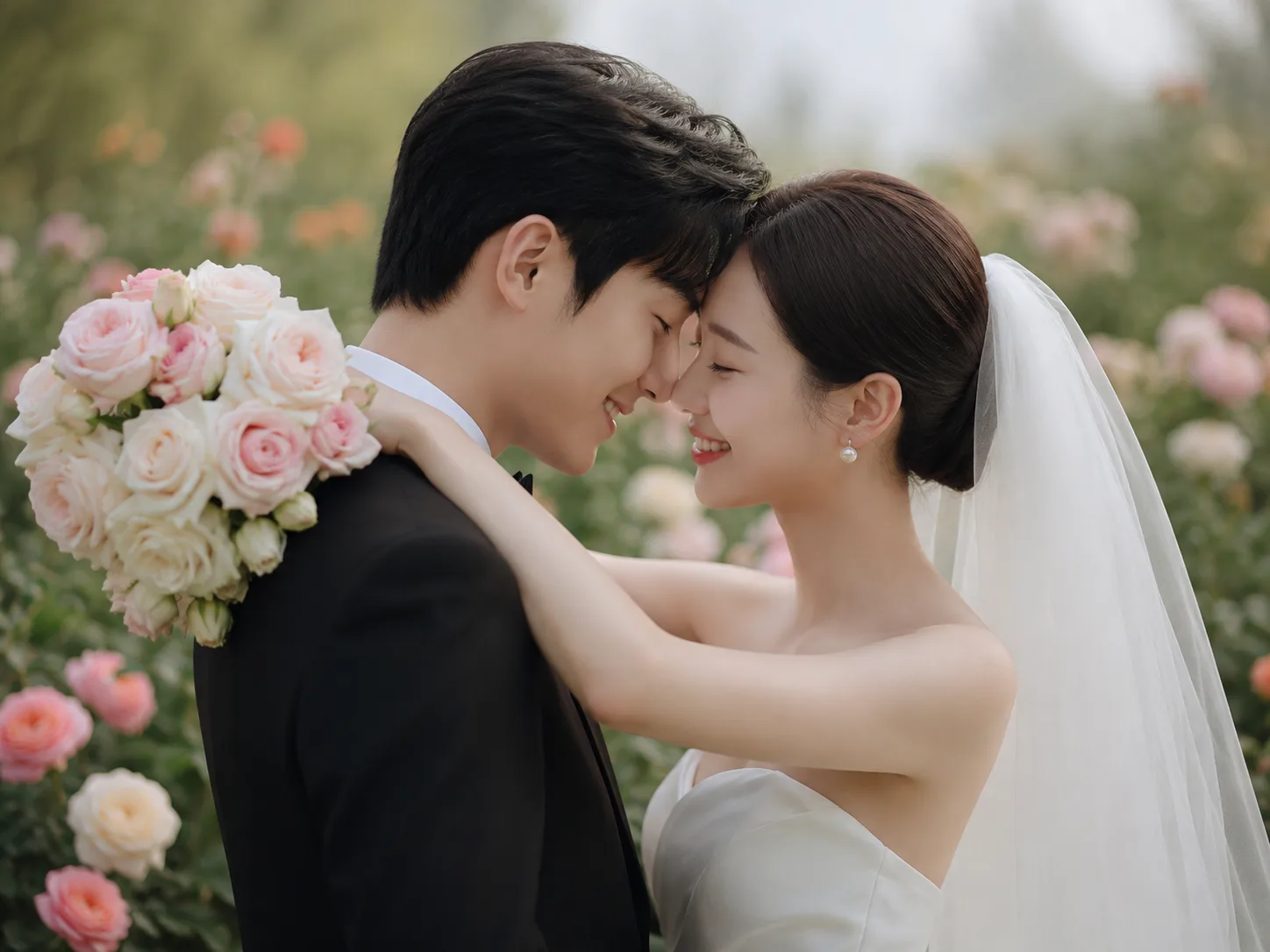 AI-generated portrait of a wedding couple in Western attire together in a rose garden.