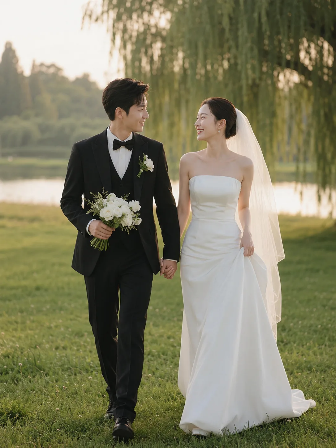 AI-generated portrait of a bride and groom walking hand in hand along a lakeside.