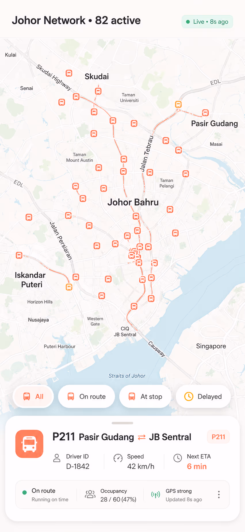SmartBus Monitor: Passenger PWA showing live ETA after scanning a stop QR code