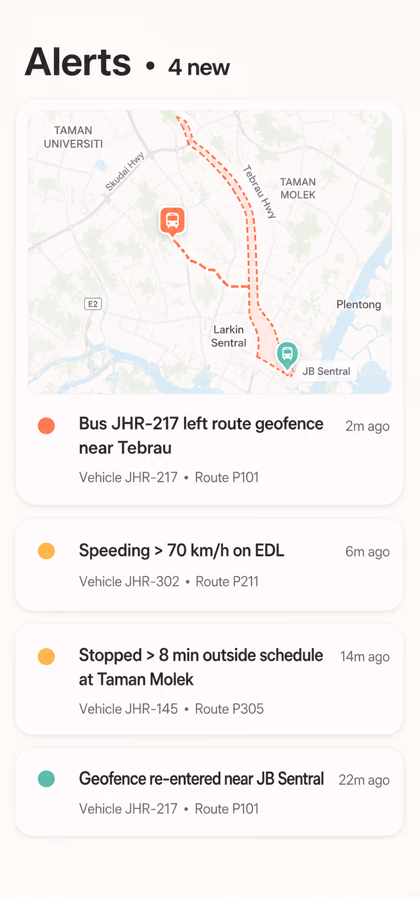 SmartBus Monitor: Driver behaviour analytics flagging harsh braking and speeding events