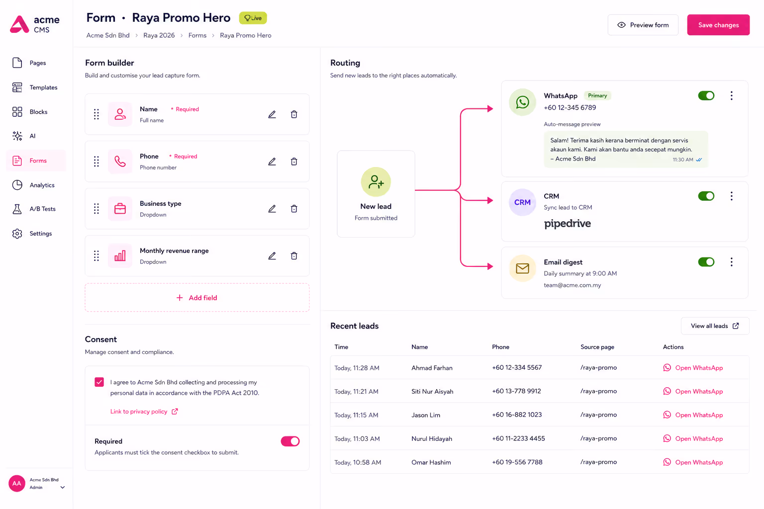 CMS Landing Builder: Drag-and-drop block editor with live mobile and desktop preview
