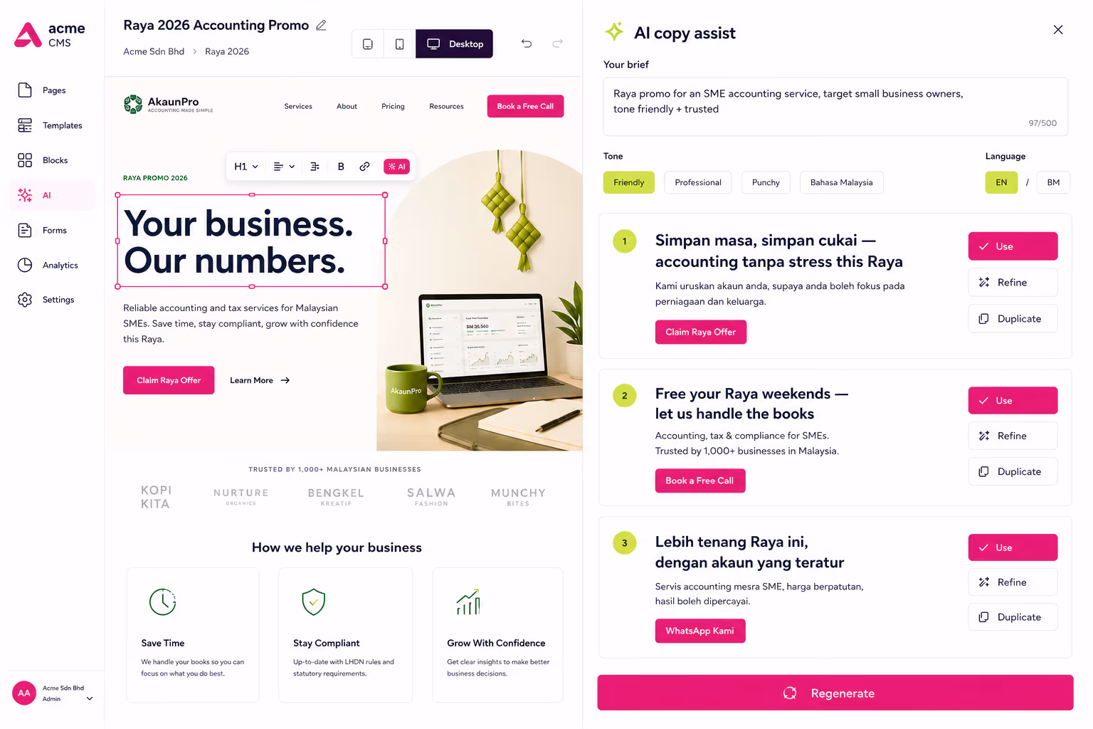 CMS Landing Builder: Client workspace list showing 50+ active SME campaign pages